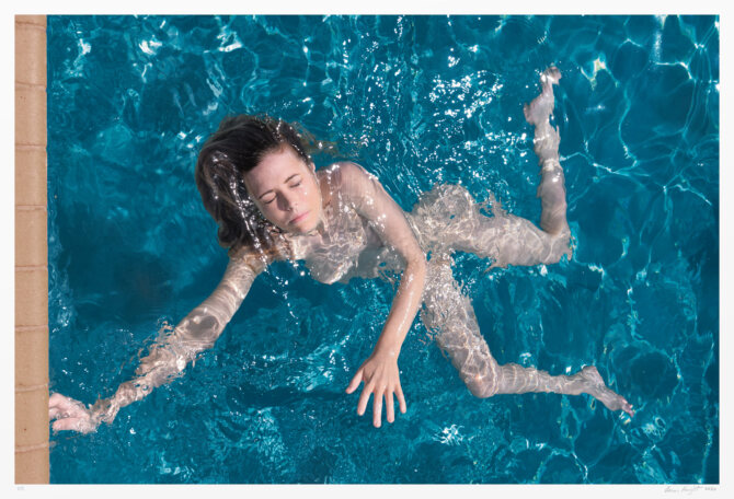 Large nude photograph: swimmer, brilliant blue. Original art for sale