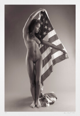 Female form art photograph, black and white, paired with flag