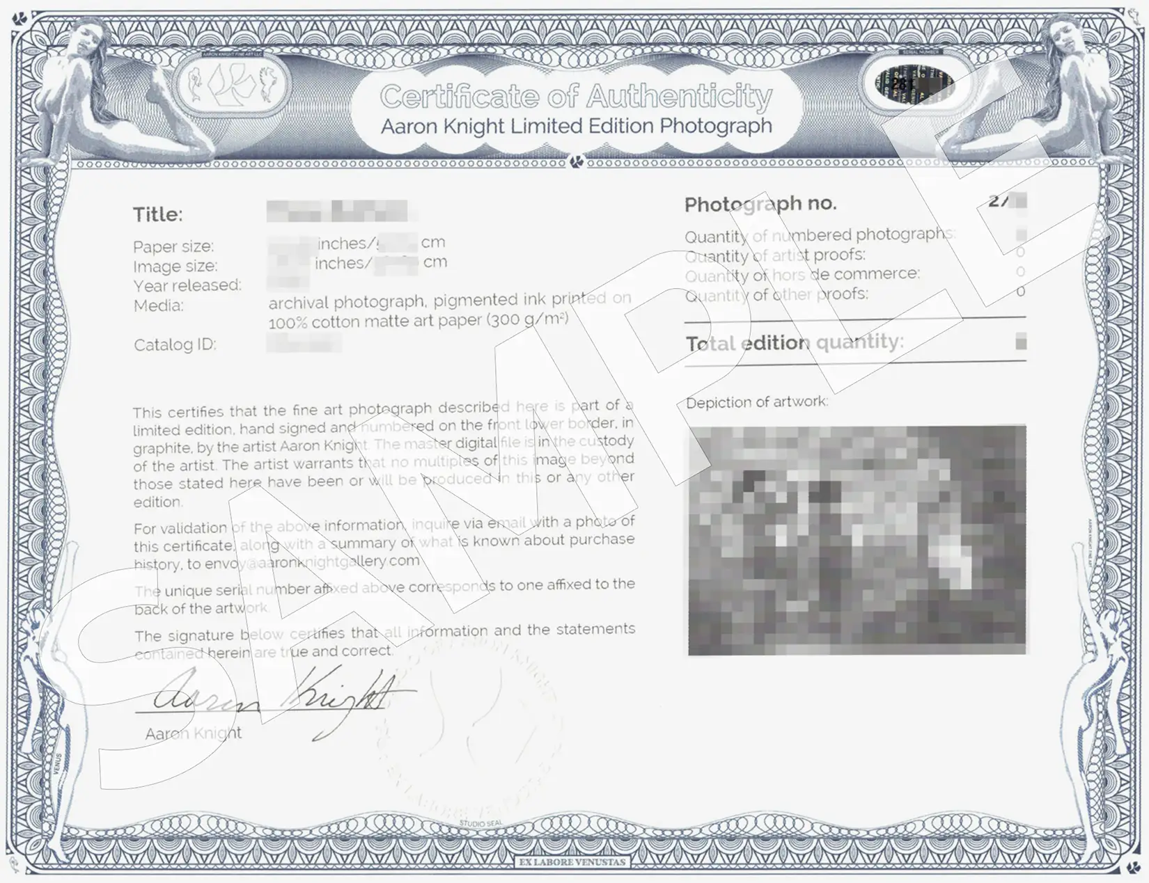 Certificate of authenticity for each artwork